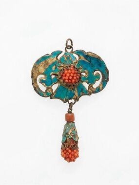 RARE FIND Incredibe Chinese Kingfisher Coral Pendant In the Shape Of a Bat HTF